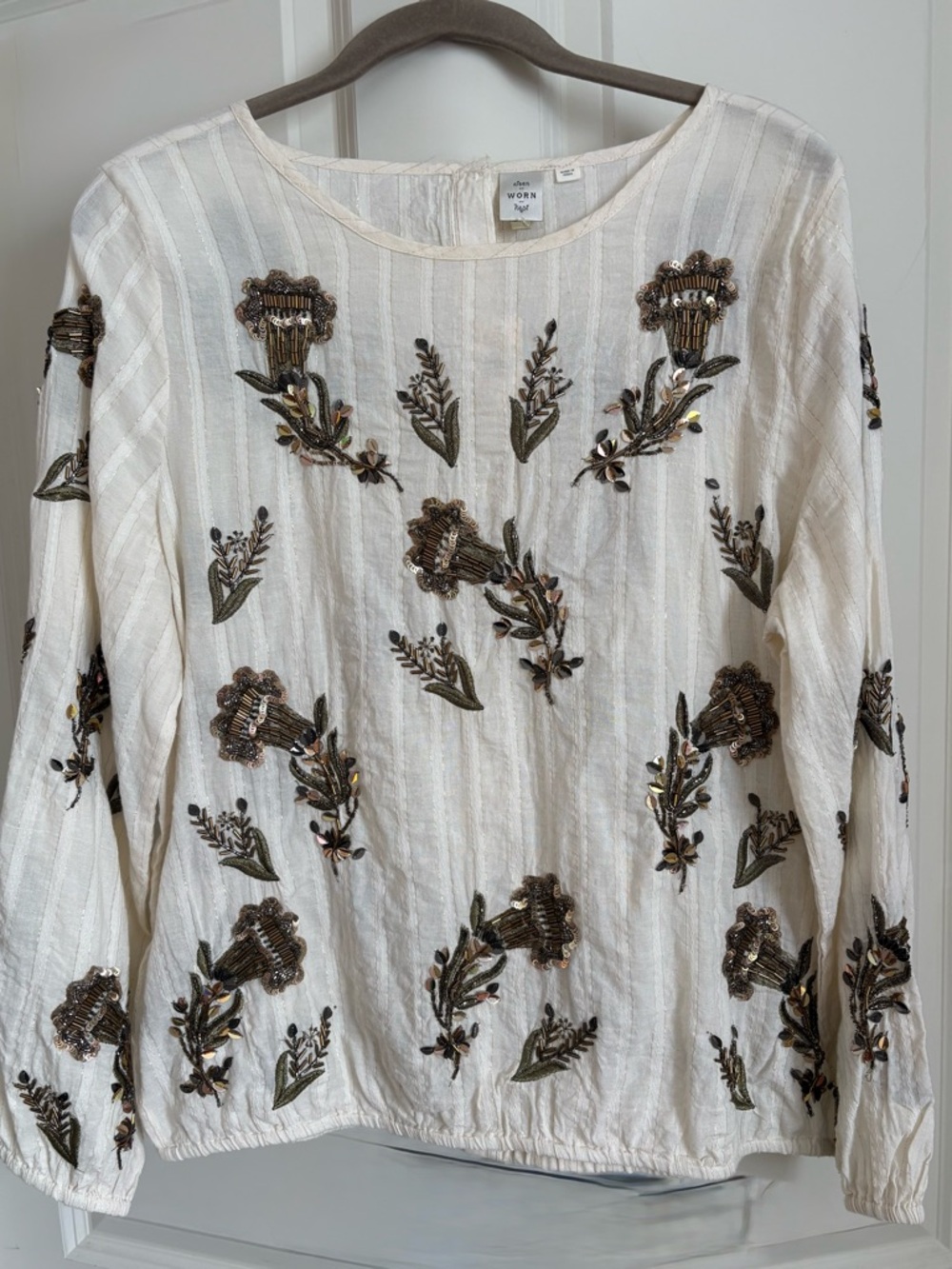 Anthropologie Seen Worn Kept, Cream Long-Sleeve Beaded Blouse